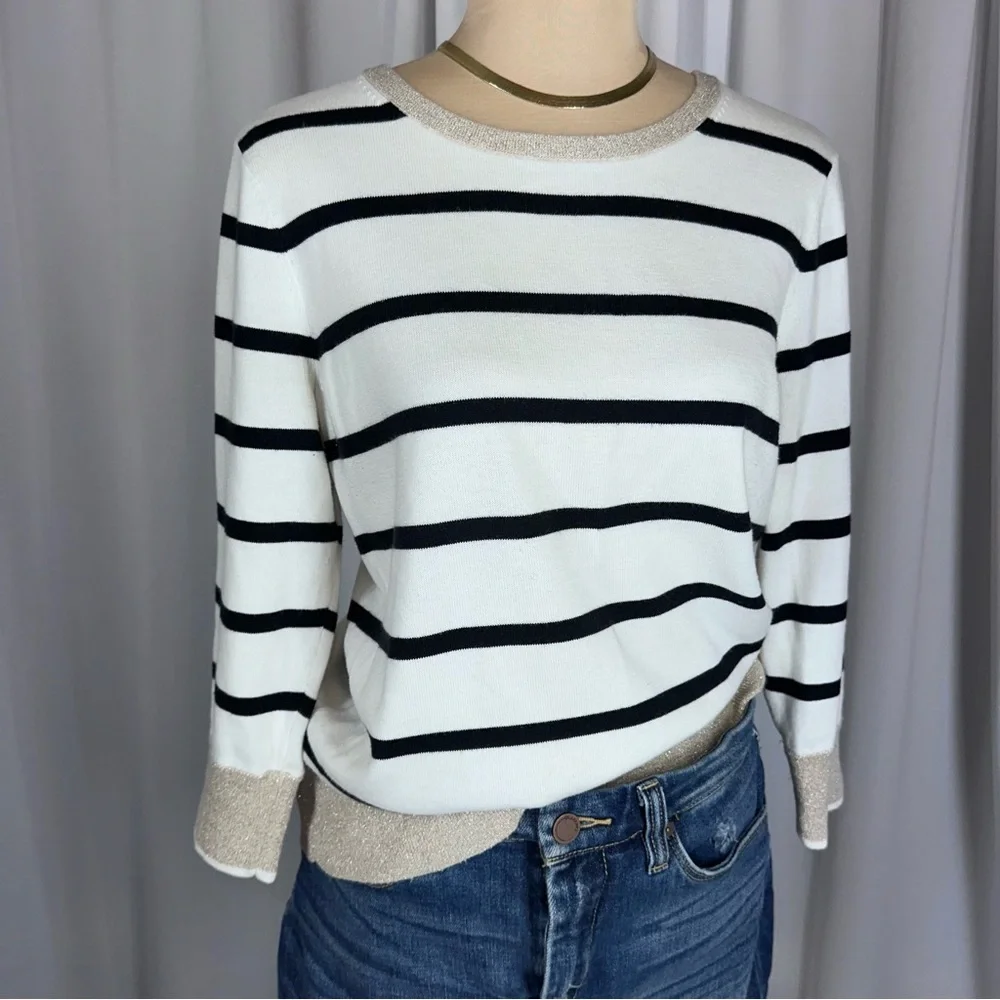 Lands End‎ Women’s Striped 100% Supima Cotton Sweater Sz S 3/4 Sleeve Metalli